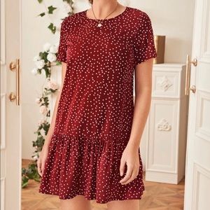 polka dot red ruffled hem smock dress